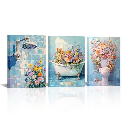 LyerArtork 3 Pieces Bathroom Wall Art Canvas Prints Botanical Floral Pictures Shower Bathtub Toilet with Colorful Flowers Painting Blue Wall Decor for Bathroom Shower Room 12"x16"x3