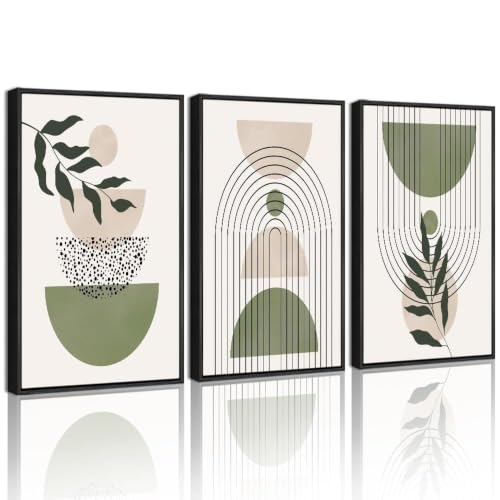 Drsoum Green Botanical Boho Wall Art Framed Modern Sage Bohemian Wall Decor Abstract Geometry Lines Prints Ready to Hang 11x14in Black Framed - color: Green Bohemain, size: 11" x14" x3pcs, Black Framed