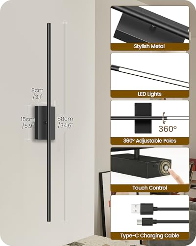 34.6" Wireless Battery Operated Wall Sconces Set of Two,Rechargeable Lamp with Remote, 360° Rotation, 10000mAh Battery, Touch Dimmable Lights for Living Room Hallway Bedroom, Black B05YBP205 - color: Black, size: 34.6 Inches