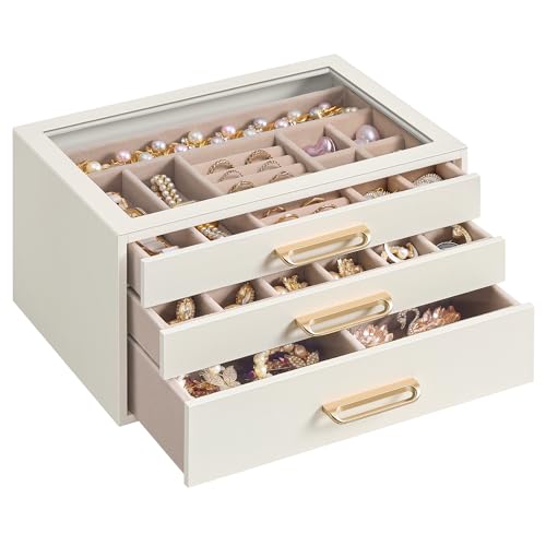 SONGMICS 3-Layer Jewelry Box with Glass Window, 3 Drawers, Golden Handles - color: Cream White, size: 3-Tier