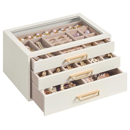 SONGMICS 3-Layer Jewelry Box with Glass Window, 3 Drawers, Golden Handles - color: Cream White, size: 3-Tier
