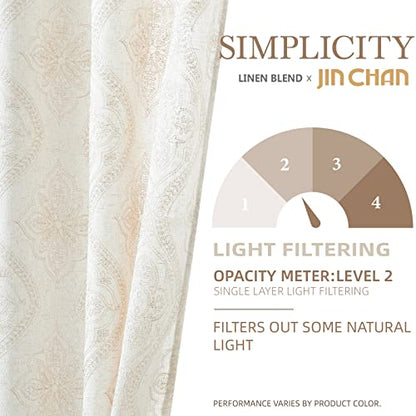 jinchan Boho Floral Linen Curtains 84 Inch Beige on Ecru Grommet 2 Panels - color: Damask Beige, size: 50"W x 84"L (Pack of 2)