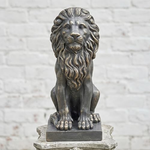 Lion Statue, Outdoor Garden Statues 27in Tall, Dark Gray - color: Dark Gray With Gold Accents
