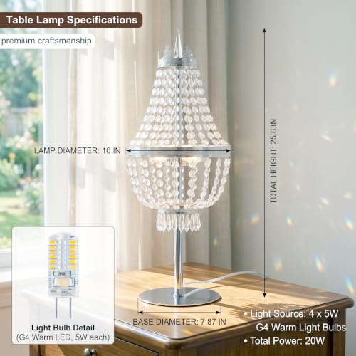 25.6in Height Clear Crystals Table Lamp for Living Room,Modern Tall Bedside Lamp for Bedroom Living Room Study Room (Chrome Crown) - color: Chrome Crown