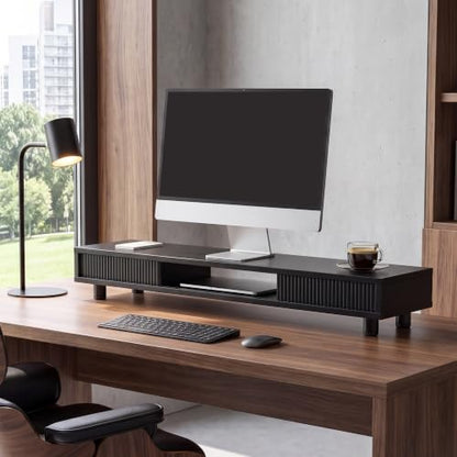 Fenge Dual Monitor Stand with Storage, Desk Shelf with Glass Sliding Door - color: Black