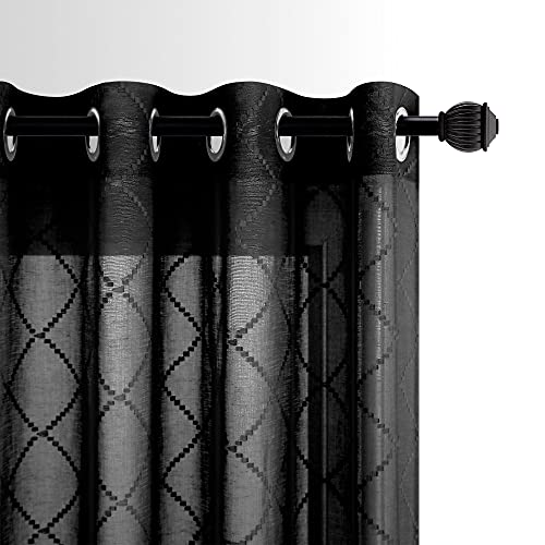 KOUFALL Black Curtains 63 Inch Length for Bedroom 2 Panels Set Sheer Grommet Window Geometric Lace Curtains Aesthetic Diamond Room Decor for Teen Girls Living Area - color: Black, size: 52"W x 63"L (Pack of 2)