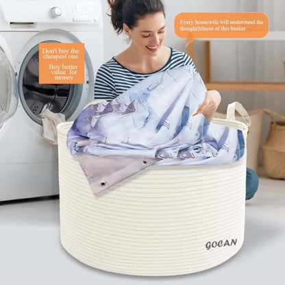 Cotton Rope Woven Laundry Basket 22"X 22"X 14" with handles（Cream）XXXL - color: Cream