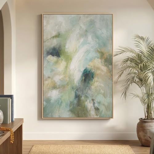 Extra Large Framed Teal Sage Green Abstract Wall Art, Vertical 40x60 In - color: Green A, size: 60"L x 40"W