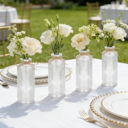 Glass Bud Vases Set of 20, Clear Small Flower Vases Bulk with Twines Ropes, Mini Ribbed Vase for Centerpieces, Decorative Glass Vases for Wedding Table, Party, Home Decor