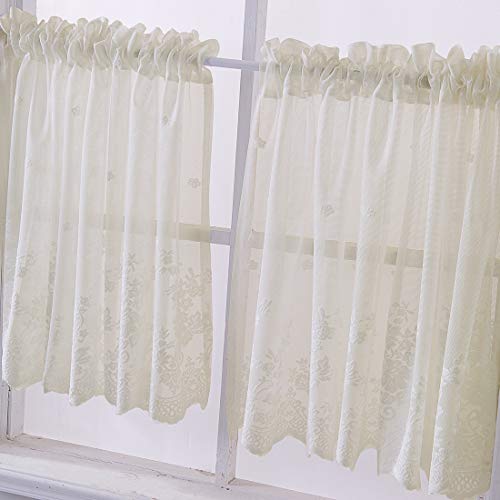 vctops Lace Sheer Kitchen Tier Curtain Set Floral Embroidered Cafe Tiers Rod Pocket Small Half Window Curtains 2 Panels (29" x 24", Beige) - color: Beige, size: 29"W x 24"L (Pack of 2)