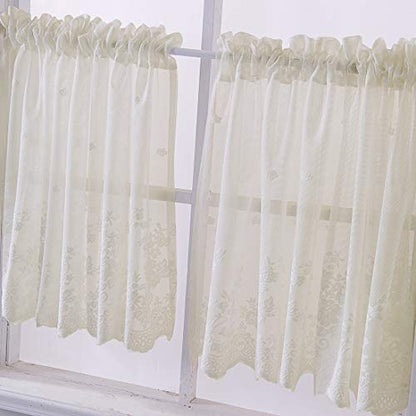 vctops Lace Sheer Kitchen Tier Curtain Set Floral Embroidered Cafe Tiers Rod Pocket Small Half Window Curtains 2 Panels (54" x 24", Beige) - color: Beige, size: 54"W x 24"L (Pack of 2)