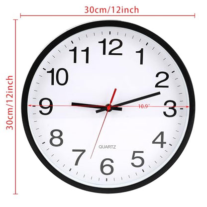 12 In Wall Clock,Analog,Silent Non Ticking,Battery Operated,Easy Read,Large - color: Black/White 12, size: 12"