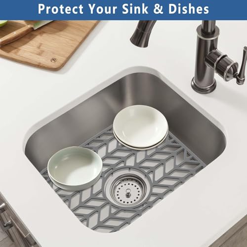 AWOKE Silicone Sink Protectors for Kitchen Sink, 12" x 11" Mat for bottom of sink, Center Drain Hole, Protect from Stains, Scratches, Dishwasher Safe Grid for Kitchen (2 Pack, Gray) - size: 12.25 x 11.5 2PCS Center Drain