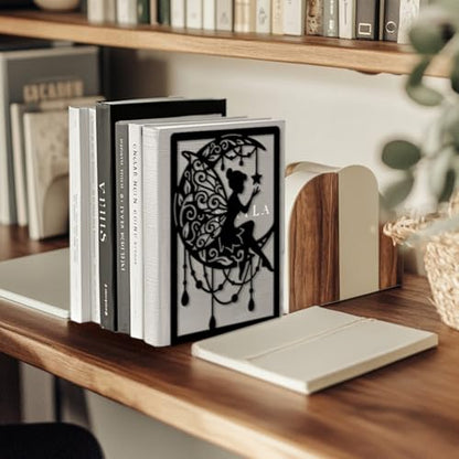 Peacoblue 5.3"x4.3"x7.9" Metal Bookends, Heavy Duty Book Ends for Shelves - style: Moon and Fairy