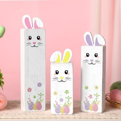 BBTO 3 Pcs Easter Table Decor Bunny Wooden Tiered Tray Decor Rabbit Tabletop Decoration Block Sign Table Centerpiece for Spring Home Decoration Home Shelf Office Kitchen Desk Party Supply(Bunny) - style: Bunny