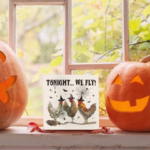 Funny Halloween Witchy Chicken Decor Tonight We Fly Wooden Box Sign - color: Chicken Halloween