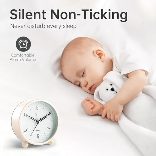 JALL Analog Alarm Clock, 4 inch Super Silent Non Ticking Small Clock with Night Light, Battery Operated, Simple Design, Old Fashioned Style Cream Decor, for Bedroom, Bedside, Desk, Adult, Gift, White - color: Beige