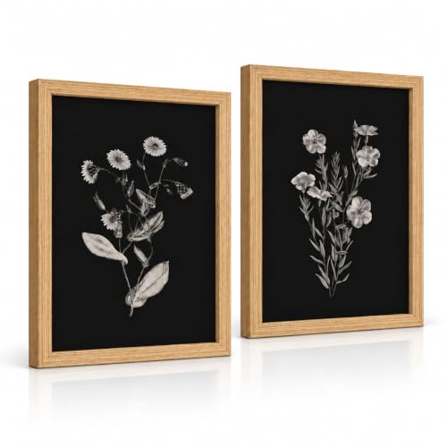 2Pcs Framed Canvas Botanical Wall Art Black Floral Print 12x16 Inch - color: Blackened flowers, size: 16"L x 12"W