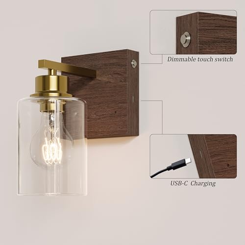 Rayogale Wireless Battery Operated Wall Sconce Set of 2 with Remote Control | Gold & Walnut Dimmable Rechargeable Wall Lights with Timer, Easy Install Glass Lamp for Living Room Bedroom, Emergency 3000K - color: Gold Walnut(Clear Lampshades)