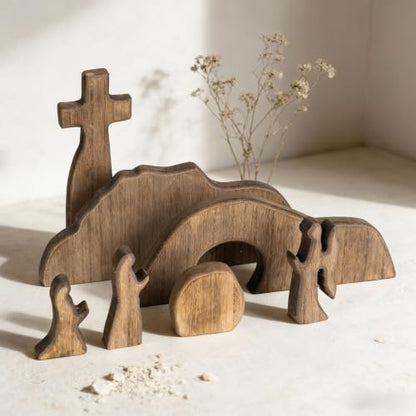 NEROSUN Wooden Empty Tomb Easter Scene and Cross Decoration - color: Wooden Empty Tomb
