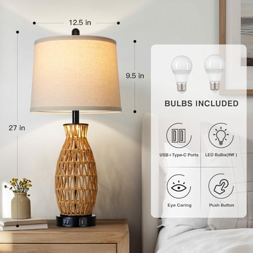 CINSARY 27" Boho Rattan Table Lamp Single with Night Light, Handwoven Wicker Bedside Lamp with USB A+C Charging Port, Woven Coastal Bedroom Lamps for Night stand, Beach Living Room Lamps for End Table - color: Rattan-27"H-1PK