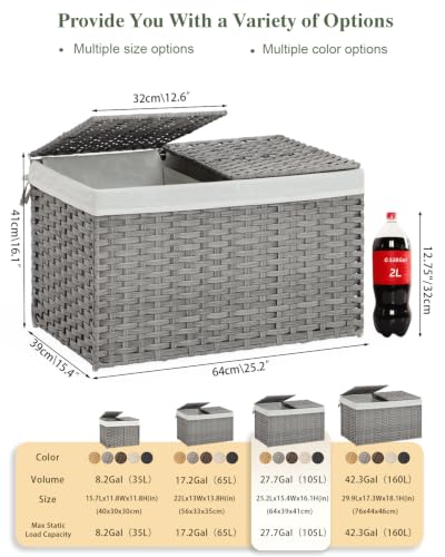 SETVSON Storage Basket with Lid PE Rattan 27.8 Gal Wicker Chest, Gray - color: Gray, size: 105L-25.2L*15.4W*16.1H