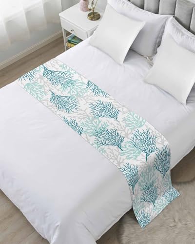 DecorLovee Teal Grey Coral Coastal Bed Runners for Queen Size Bed, Summer Beach Decorative Bed Throws for Foot of Bed, Nautical Bed Runner Sofa Throw Bedding Scarf Protector Slipcover for Bedroom - color: Teal Grey Coral, size: 83"x20" for Queen Bed