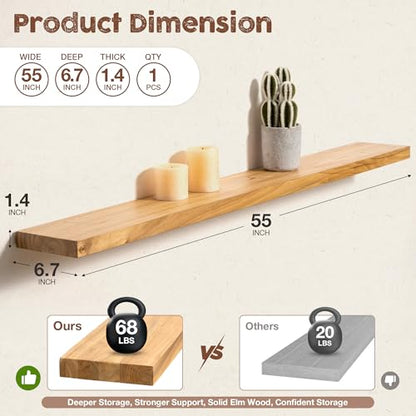 fuqing Floating Shelves for Wall, 55 Inch Rustic Solid Elm Wood Shelves - color: Natural Elm Flat Edge - 6.7"d, size: 55"L - 1Pack