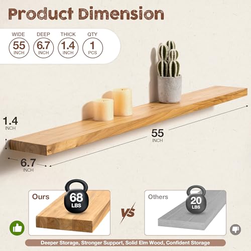 fuqing Floating Shelves for Wall, 55 Inch Rustic Solid Elm Wood Shelves - color: Natural Elm Flat Edge - 6.7"d, size: 55"L - 1Pack