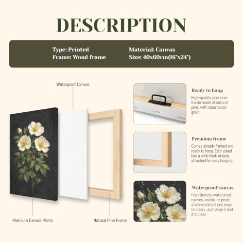 Framed Botanical Wall Art, Moody Rose Canvas Prints, 16x24 Inch - color: Dog Rose