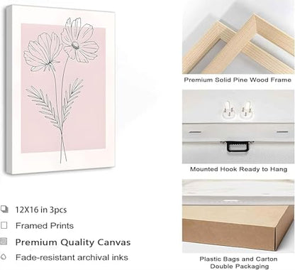 LAJDXSX 3 Pieces Minimalism Botanical Canvas Wall Art - color: Pink Flowers, size: 12x16in-Canvas