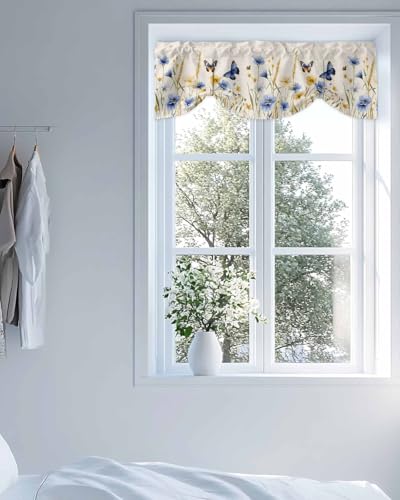 Butter-fly Leaves Tie Up Valance Curtain for Kitchen Living Room Bedroom Bathroom Cafe,Rod Pocket Short Window Drape Panel Adjustable Drapary Print,Elegant Fall Yellow Blue Yellow Daisy Beige 54"x18" - size: 54"W x 18"L (Pack of 1)