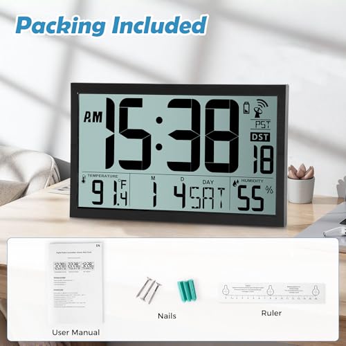 SZELAM Atomic Clock,16.7" Large Display Digital Wall Clock Battery Operated,Digital Calendar Auto Setting Desk Clocks with Indoor Temperature, Humidity,Date,Day,Auto DST for Elderly Bedroom Classroom - color: 16.7" Atomic