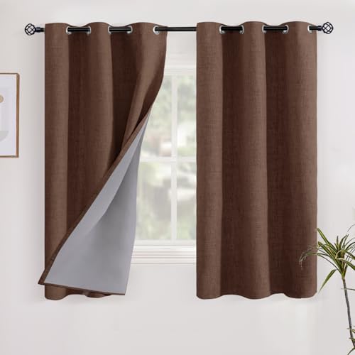 YoungsTex Short Linen Blackout Curtains 40 Inch Length, Brown Light Blocking Drapes with Grommet Thermal Insulated for Bedroom Living Room Window, 2 Panels, 42 X 40 Inch - color: Brown, size: 42"W x 40"L (Pack of 2)