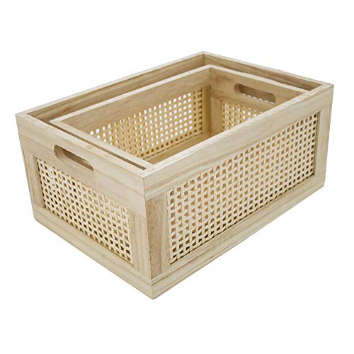 Rattan Woven Wooden Storage Basket Set of 2, Square‑corner Rectangular - size: Rectangle B - 2-Piece Set
