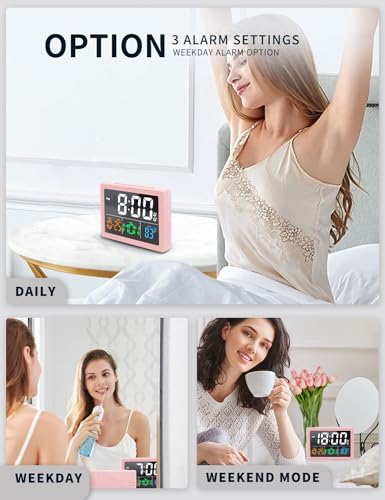 JALL Digital Clock with Date Day for Seniors, Electric Alarm Clocks for Bedrooms with Temperature, 2 Alarms, Dimmer, Dual USB Charger, Battery Backup, Volume Control, Snooze, Bedside Desk Clock, Pink - color: Pink