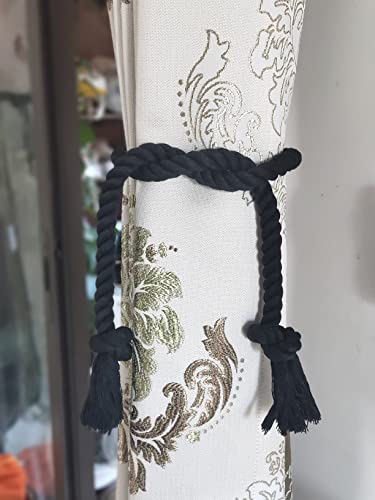 4 Pack Curtain Ties, Outdoor Curtain Tiebacks Rope for Patio Gazebo Pergola Cabana, Natural Cotton Curtain Holders, Village Rural Rustic Farmhouse Curtain Holdbacks for Drapery, Black - color: Black Rope 4 Pack