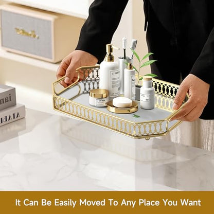 Mirrored Perfume & Makeup Vanity Tray - Hollow-Out Jewelry Storage, Gold Metal & Glass Trinket Organizer for Dresser & Bathroom Countertop, 11.3" Small Size - size: 11.3" x 7" x 2"