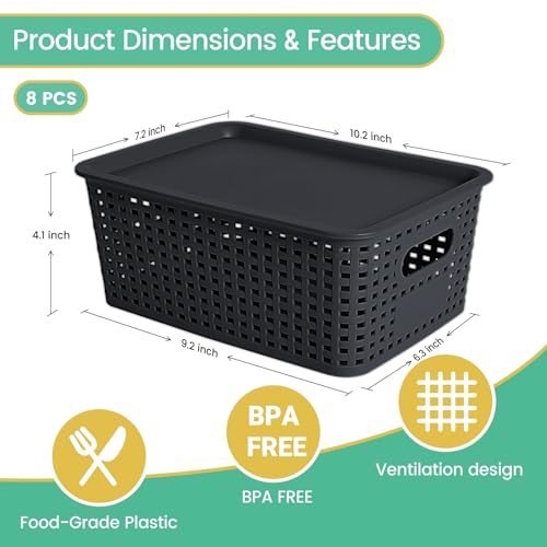 Ohmlove 8 Pack Plastic Storage Baskets with Lids for Organization - color: Black