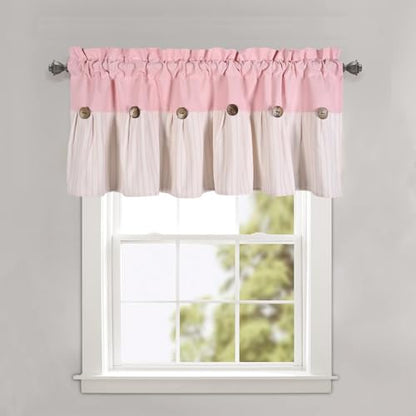 DOSLY Ides Farmhouse Rustic Pink Cotton Blend Valance Curtain, Striped Pleated Design with Coconut Buttons, Multi-Room Window Treatment for Kitchen, Living Room, Bedroom, 52" W x 18" L - color: Pink& Pink Stripe, size: 52"W x 18"L (Pack of 1)