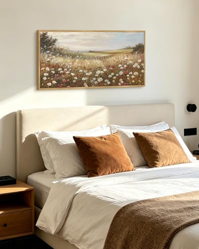 KUVIOKE Vintage Landscape Framed Wall Art 20x40in Large Grassland Meadow Wildflower Field Wall Prints Classic Retro Farmhouse Rustic Decorations for Living Room Bedroom (Natural Framed) - color: Vintage Wildflower, size: 40"L x 20"W