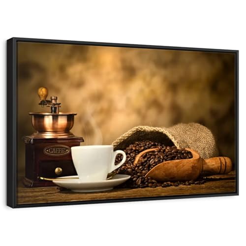 ElephantStock Rustic Coffee Wall Art - Horizontal Framed Canvas - 1-Piece Living Room Wall Decor - Photography Photographic Canvas Print - White and Brown Decor for Wall - 37" X 25" - color: Rustic Coffee Wall Art Canvas Floating Frame Single Piece, size: