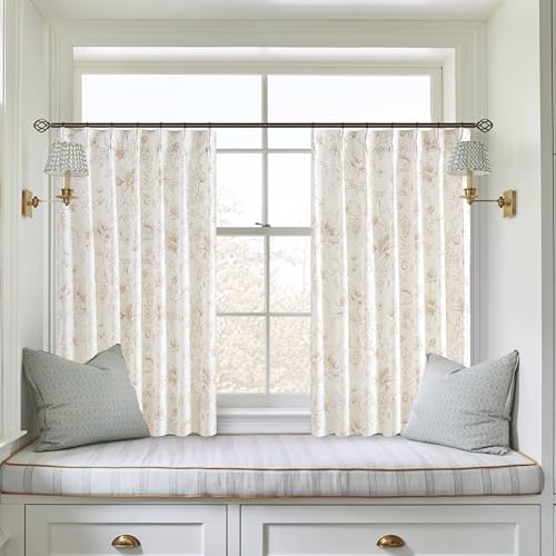 Tan Beige Floral Pleat Linen Small Curtains Semi Sheer Boho Curtain 40x45 - color: Coffee, size: 40"W x 45"L (Pack of 2)