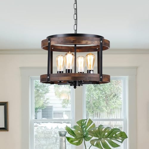 4-Light Large Rustic Farmhouse Wood Pendant Light Fixture with Adjustable Chain, 16.5 inch Oak Wood Drum Chandelier for Dining Room Kitchen Island Farmhouse Living Room Hallway, Black - size: Large pendant light 1 pack