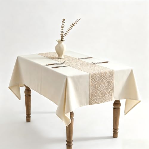 Boho Faux Linen Tablecloth, Rectangle Vintage Geometric Cover - color: Beige Bx, size: 55"x70"fits 4-6 seats (table length 46"-52")
