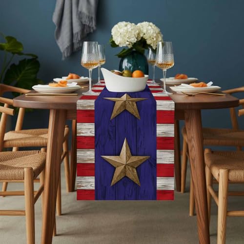 Independence Day Table Runner 36 Inches Long,American Flag Stripe Stars Retro Cotton Linen Table Runners Dresser Scarves,Blue Red Flag Tabletop Scarf Furniture Cover for Home Dinner Party 13"x36" - color: Blue Red, size: 13x36 Inches