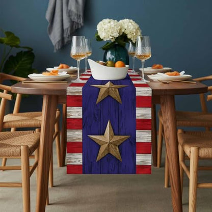 Independence Day Table Runner 36 Inches Long,American Flag Stripe Stars Retro Cotton Linen Table Runners Dresser Scarves,Blue Red Flag Tabletop Scarf Furniture Cover for Home Dinner Party 13"x36" - color: Blue Red, size: 13x36 Inches