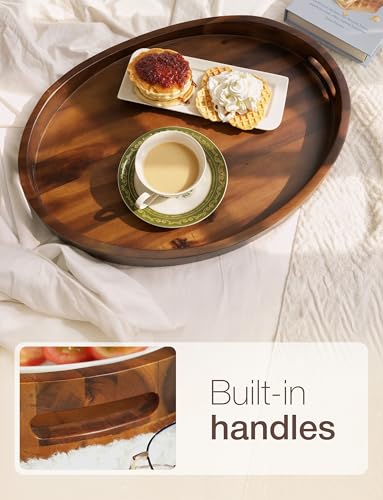 TIDITA Acacia Oval Wooden Serving Tray with Handle, 16.5"x13", Walnut Color - color: Walnut, size: 16.5" x 13" x 2.2"