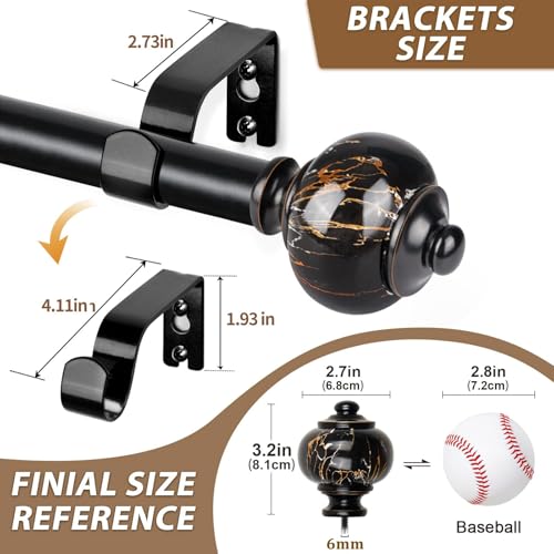KAMANINA 1 Inch Curtain Rods for Windows 72 to 144 Inch, Black Drapery Rods - color: Black, size: 72-144"