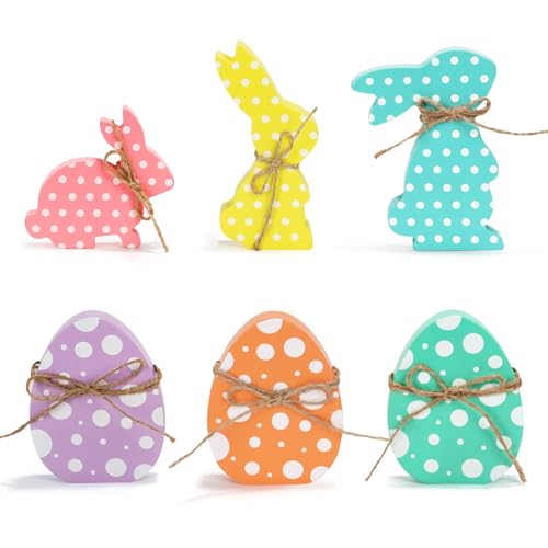 6 Pcs Wooden Bunnies Eggs Easter Decorations for Home Office - color: Easter Bunny and Eggs